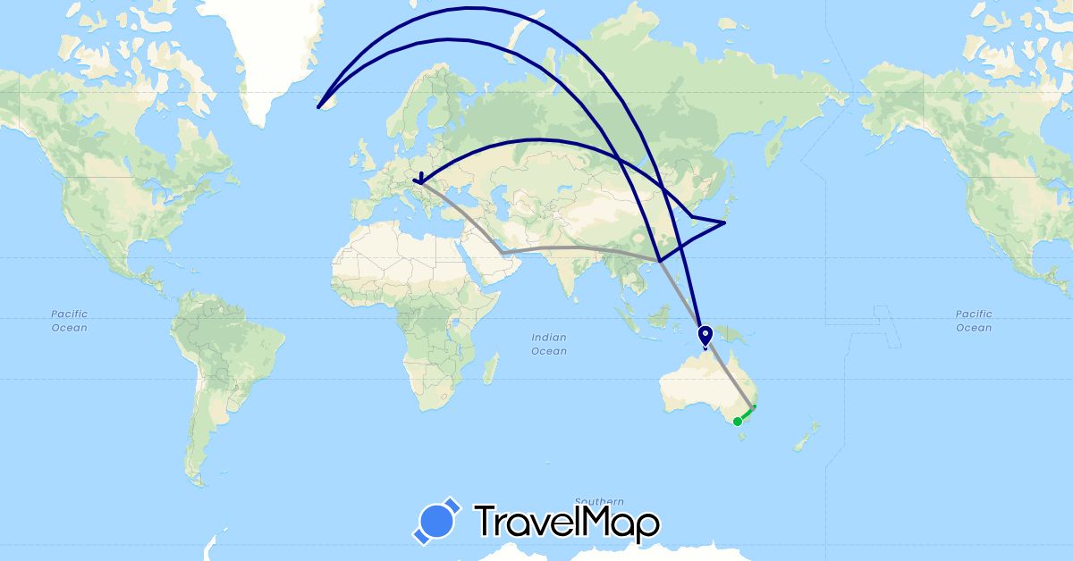 TravelMap itinerary: driving, bus, plane in Austria, Australia, Hong Kong, Hungary, Iceland, Japan, South Korea, Poland, Qatar (Asia, Europe, Oceania)